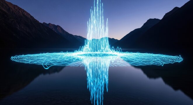 Ethereal Blue Light Waves Reflecting on Mountain Lake at Twilight