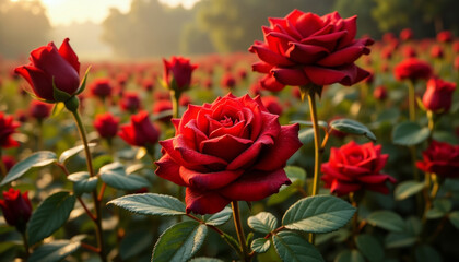 Red roses blooming in a field during sunset representing Valentine's Day  