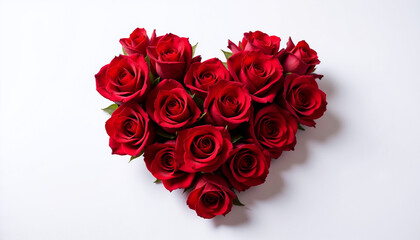Red roses arranged in a heart shape on a white background for Valentine's Day  