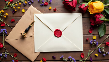Letter envelopes with red wax seal and colorful roses on wooden background  