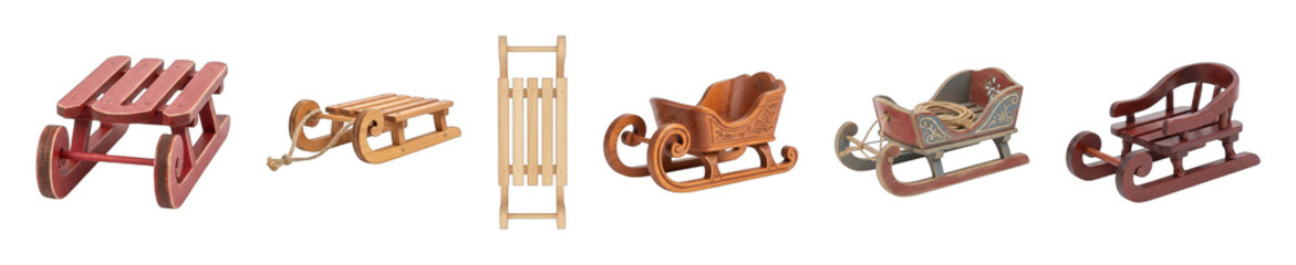 Wooden sled and sleigh set including rustic, traditional, and decorative styles isolated. Christmas and winter holiday collection.