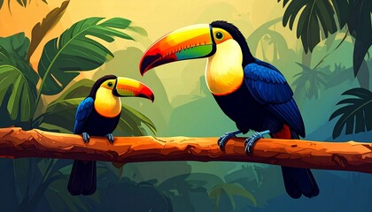 Fototapeta premium Vibrant Toucans in Tropical Jungle: A Colorful Pair Perched on a Branch