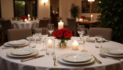 Romantic dinner table setting with red roses in candlelight  