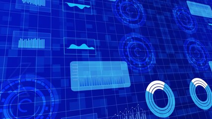 Animation of statistical data processing over grid network against blue background. - Powered by Adobe