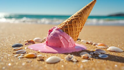 Melting strawberry ice cream cone on beach with seashells during summer vacation