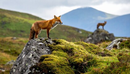 Obraz premium Two Red Foxes Amidst Mossy Rocks and Rolling Hills: A Glimpse into Wild Mountain Life