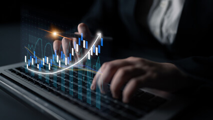 A professional setting depicting a person analyzing financial data on a laptop, showing dynamic graphs and charts representing market trends and investment growth. Impute