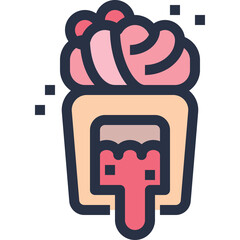 A stylized illustration of a cupcake with pink frosting and dripping red icing against a transparent background perfect for dessert themes