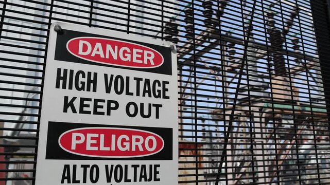 danger high voltage keep out sign in front of outdoor power plant in brooklyn new york (electricity generation transformer station electric current warning) fence alternating direct electrical grid