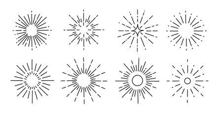Collection of radiant starbursts and shining line art designs displayed neatly