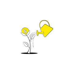 A Yellow Watering Can Nourishes a Growing Plant with a Dollar Sign Coin Sprouting from its Top on a White Background