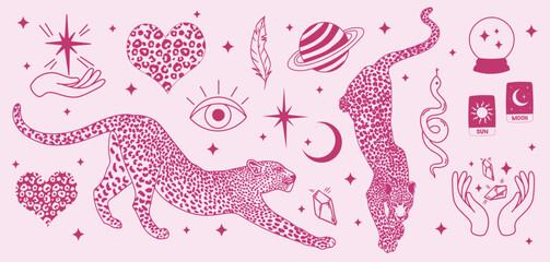 Whimsical pink celestial cheetah vector magic set. Girly witchy aesthetics