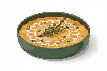 A bowl of creamy, orange soup garnished with herbs, presented in a green dish.