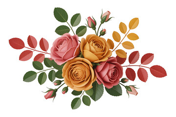 A vibrant floral arrangement with roses and leaves in warm autumnal hues.