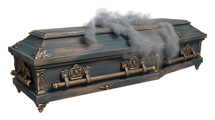 Ornate, antique coffin emits swirling smoke, suggesting mystery, death, and a supernatural presence.