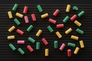 Colorful, scattered rectangular pieces on a dark, striped surface, creating a playful, abstract composition.