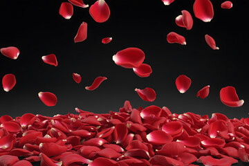 Falling and scattered red petals create a romantic and visually striking scene against a dark background.