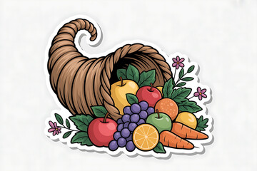 Abundance overflowing from a woven horn, filled with colorful fruits, vegetables, and delicate flowers.