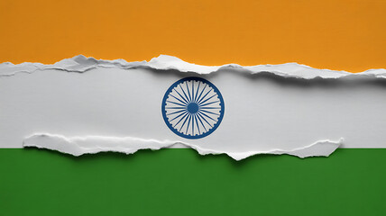 Torn flag displays vibrant saffron, white, and green colors with a central wheel emblem.