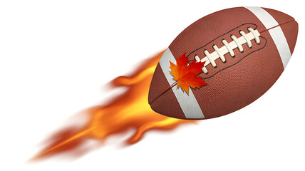 A brown football with white stripes soars through the air, propelled by fiery flames.