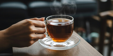 Warm beverage steams gently in a clear glass, held in a hand, conveying comfort and relaxation.