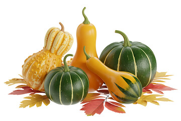 Assorted gourds and pumpkins display autumnal colors amongst scattered fallen leaves.