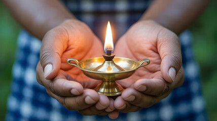 Hands gently cradle a glowing flame within a small, ornate brass lamp.