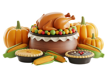 Festive autumn harvest display with roasted turkey, pumpkins, corn, and colorful seasonal treats.