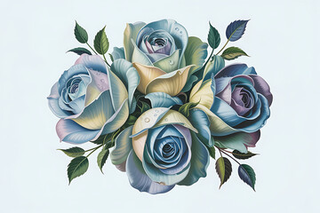 A delicate arrangement of blue and purple roses with lush green foliage, evoking beauty and tranquility.