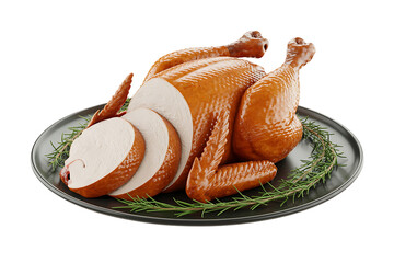 Roasted turkey presented on a platter with greenery, showcasing a delicious and celebratory meal.