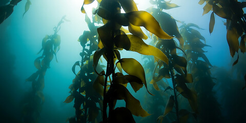 Submerged kelp forest sways gently in turquoise water, creating an underwater haven.