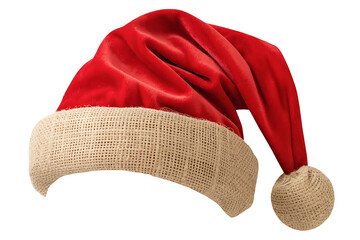 Festive red hat with white trim and a fluffy pom-pom, evokes holiday cheer.