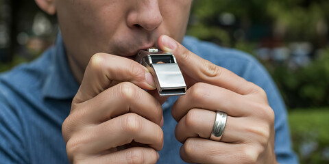Close-up of a person blowing a metallic whistle, hands holding it firmly.