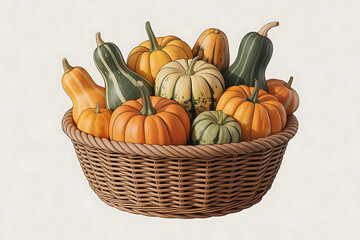 Assorted pumpkins and gourds in a woven basket, showcasing autumnal colors and harvest abundance.