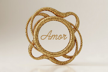 Intertwined golden ropes form a circular shape, displaying the word "Amor" centrally.