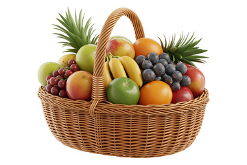 Woven basket overflows with a vibrant assortment of fresh fruits, a colorful display.