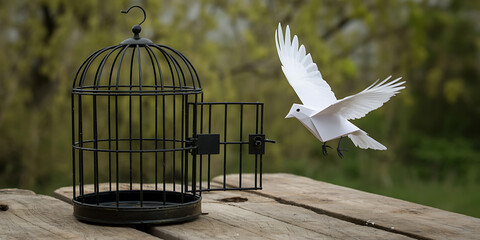 A white dove escapes an open black cage, symbolizing freedom and liberation in a natural setting.