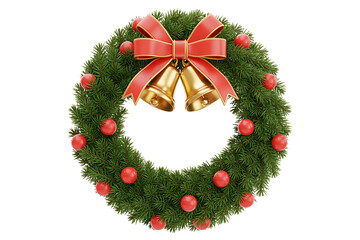 Festive evergreen wreath adorned with red berries, bells, and a vibrant red bow.