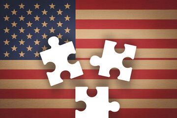 Fragmented national banner with missing puzzle pieces, representing unity and national identity challenges.