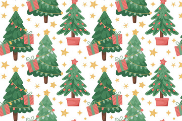 Festive evergreen trees adorned with gifts and twinkling lights, joyful holiday scene.