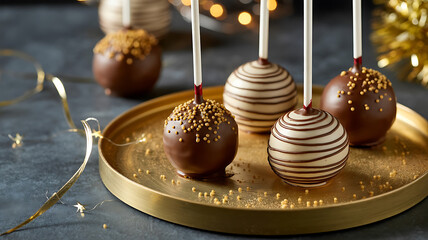 Festive cake pops on a gold plate, decorated with chocolate and sprinkles, a sweet treat.