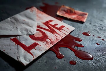 Bloodstained envelope with the word love written in red on a dark surface