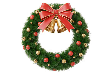 Festive evergreen wreath adorned with red bow, bells, and golden ornaments, celebrating holiday cheer.