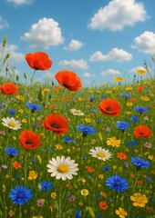 Naklejka premium Vibrant wildflowers under blue sky.