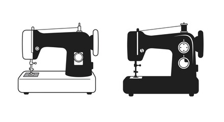 Two vintage sewing machines presented in a black and white illustration