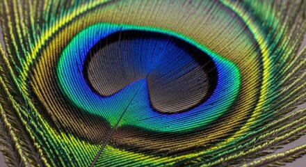 Extreme Macro Close-up of a Vibrant Peacock Feather Eye with Iridescent Blue, Green, and Gold Hues