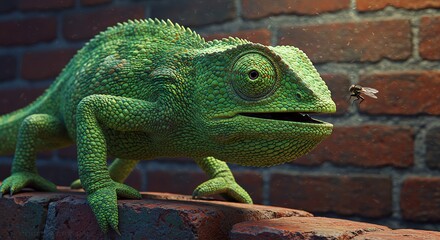 Obraz premium Green Chameleon Hunting a Fly On A Brick Wall Reptile Wild Nature