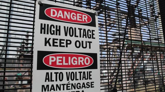 danger high voltage keep out sign in front of outdoor power plant in brooklyn new york (electricity generation transformer station electric current warning) fence alternating direct electrical grid
