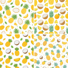 Square Tropical Fruit Seamless Pattern with Pineapples, Coconuts, and Mangoes Set &mdash; Bright Summer Vector Background