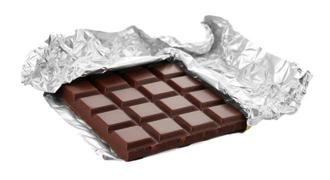 A bar of dark chocolate unwrapped and isolated on transparent background